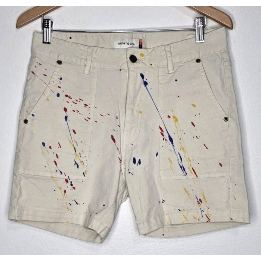 New Honor The Gift Artisan Work Shorts Paint Splatter Beige Cargo Men 32 5in